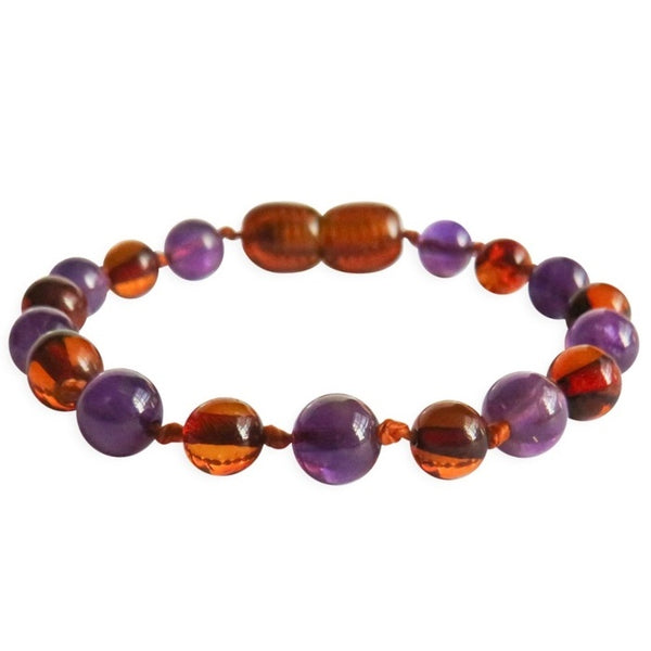 Amber Teething Bracelet / Anklet - Polished Cognac & Amethyst