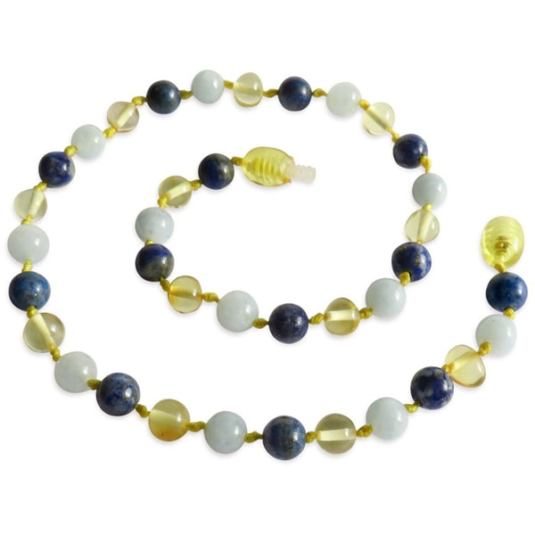 Amber Teething Necklace - Lemon, Lapis Lazuli, Aquamarine