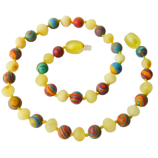 Amber Teething Necklace - Raw Butter & Rainbow Malachite