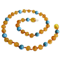 Amber Teething Necklace - Raw Honey Amber & Blue Turquoise Stone