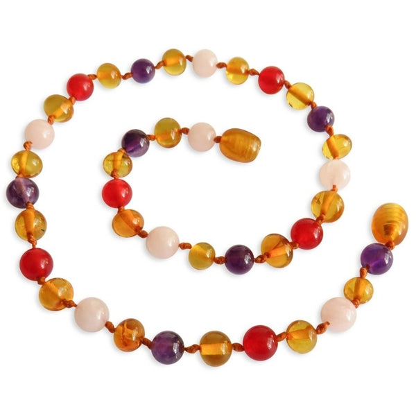 Amber Teething Necklace - Honey Amber, Rose, Amethyst, Red Chalcedony
