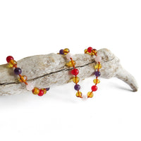 Amber Teething Necklace - Honey Amber, Rose, Amethyst, Red Chalcedony
