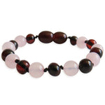 Amber Teething Bracelet / Anklet- Polished Cherry Amber & Rose Quartz