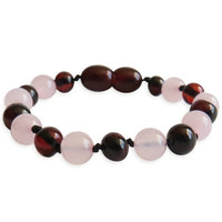 Amber Teething Bracelet / Anklet- Polished Cherry Amber & Rose Quartz