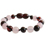 Amber Teething Bracelet / Anklet- Polished Cherry Amber & Rose Quartz