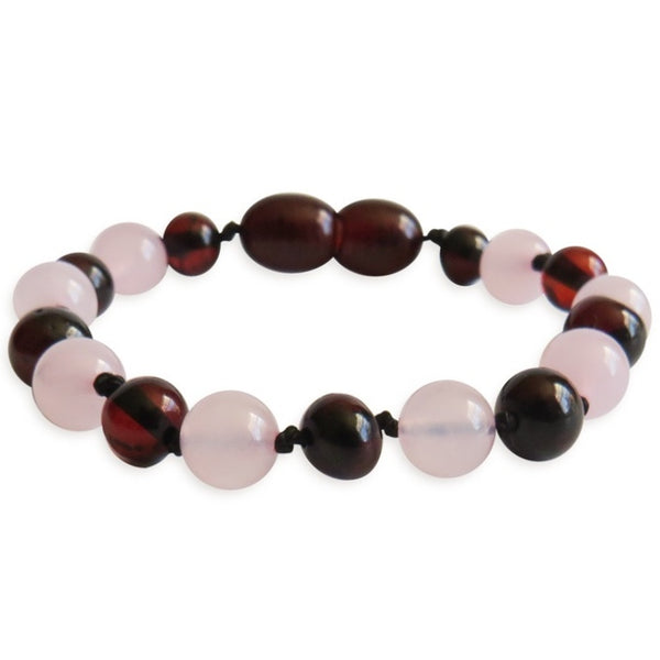 Amber Teething Bracelet / Anklet- Polished Cherry Amber & Rose Quartz